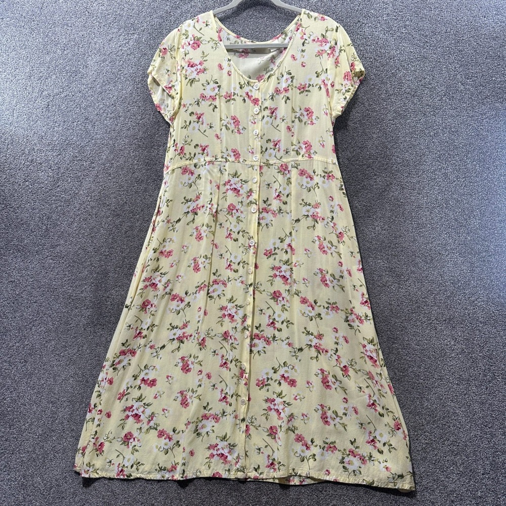 La Cera Maxi Dress Large Yellow Floral Rayon Button Up Tie Back Pockets Cottage